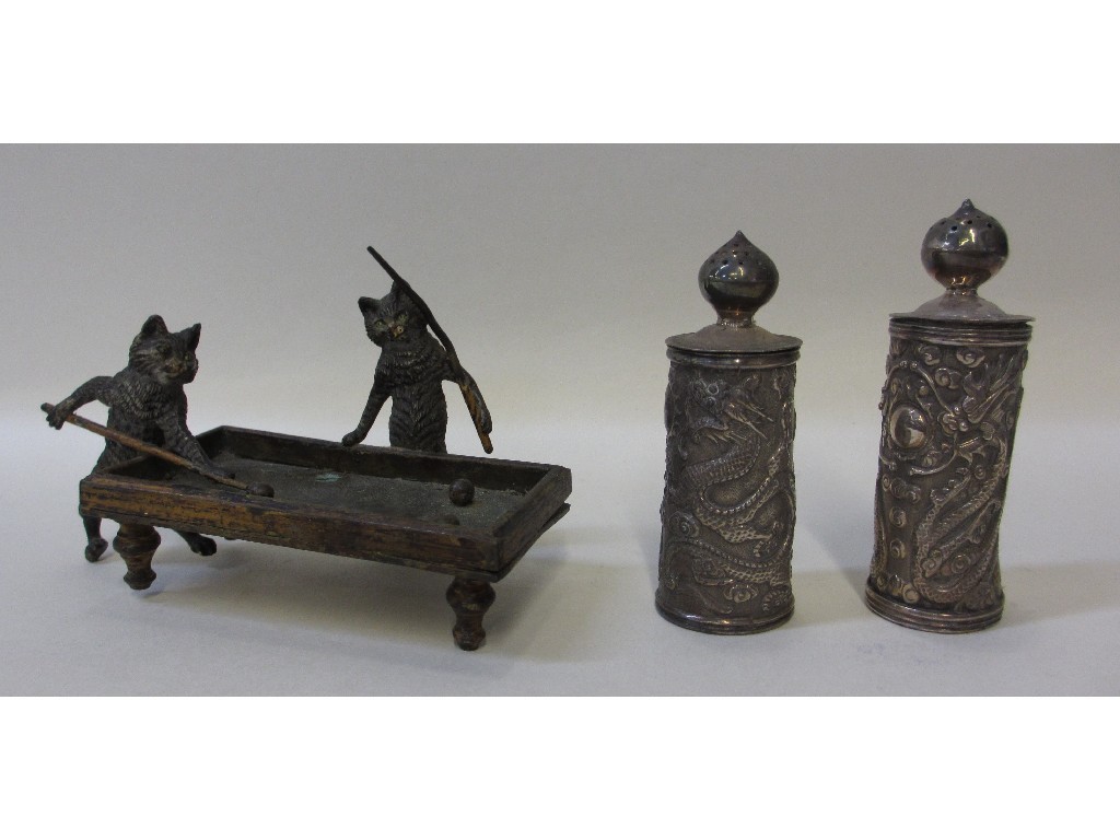 Appraisal: Cold painted bronze group of cats playing snooker and pair