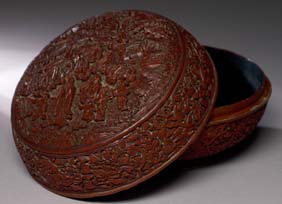 Appraisal: TH CENTURY CINNABAR BOX Elaborately carved antique Chinese cinnabar lacquer