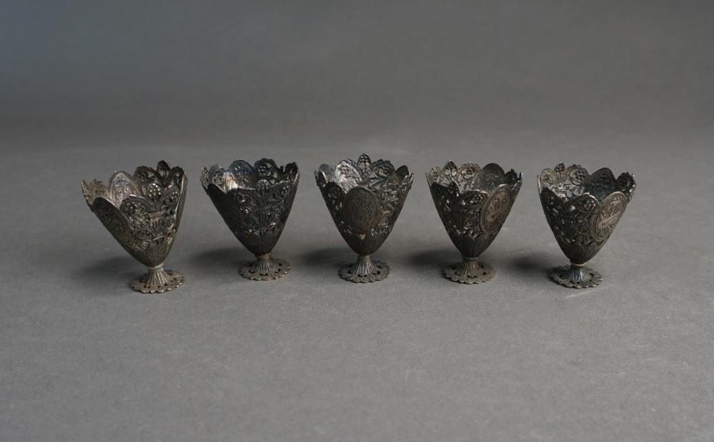 Appraisal: FIVE APPARENTLY UNMARKED TESTED SILVER PARTIALLY RETICULATED ZARF CUPS CGT