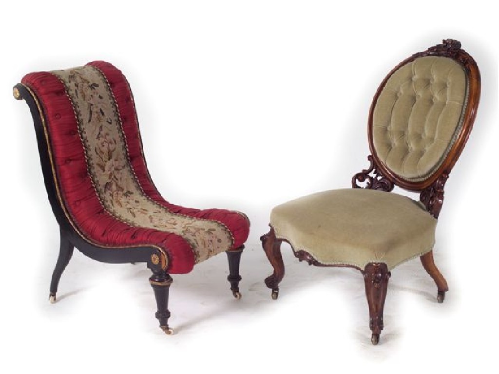 Appraisal: VICTORIAN WALNUT NURSING CHAIR the oval buttoned back surmounted by