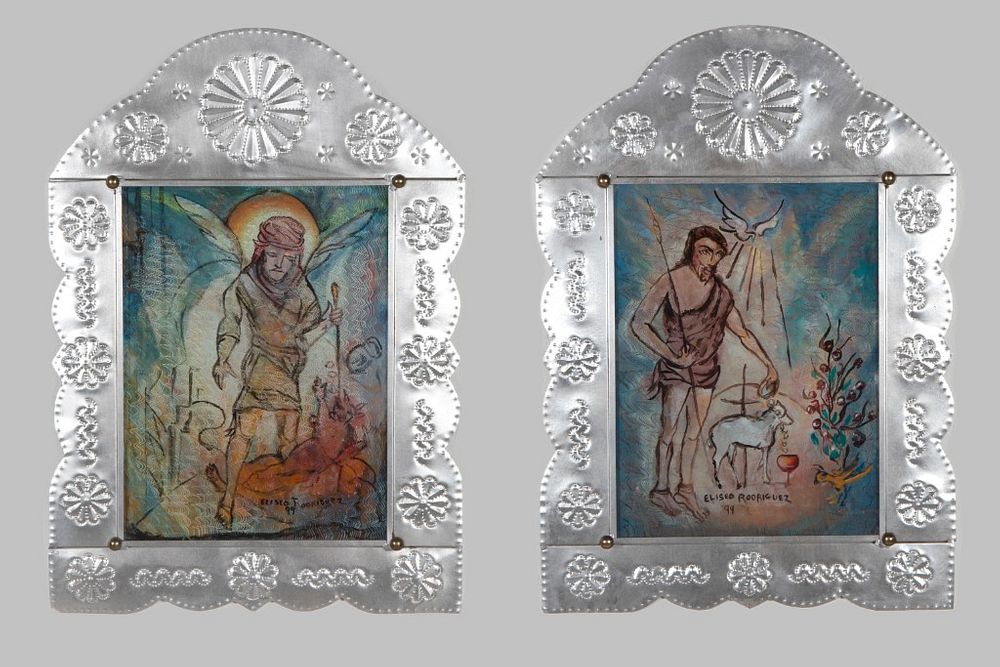 Appraisal: Eliseo Rodriguez Group of Two Reverse Painted Glass and Tin