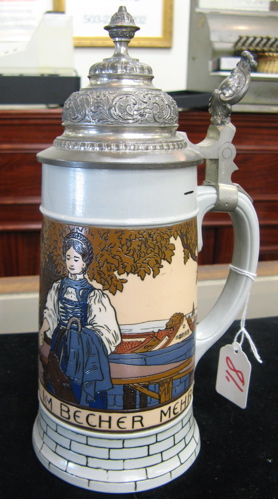 Appraisal: GERMAN METTLACH BEER STEIN liter no D Etched depicting tavern