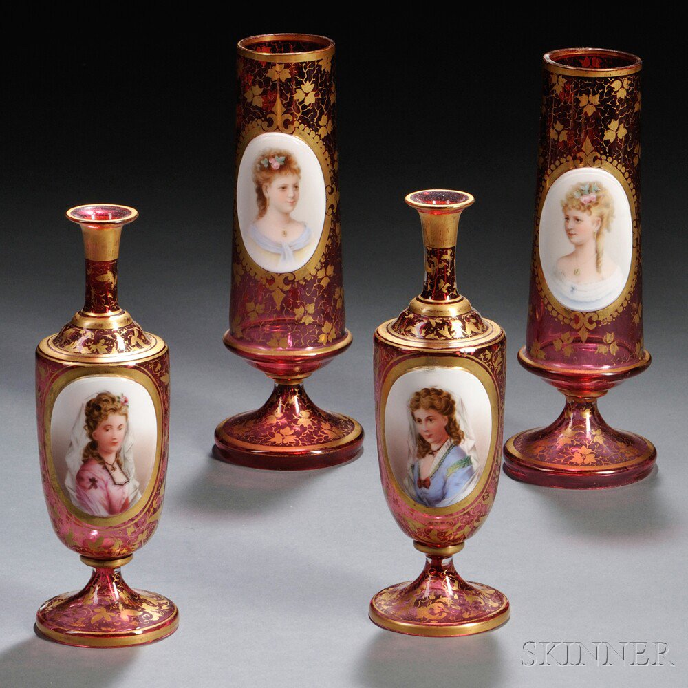 Appraisal: Two Pairs of Bohemian Glass Portrait Vases th century each