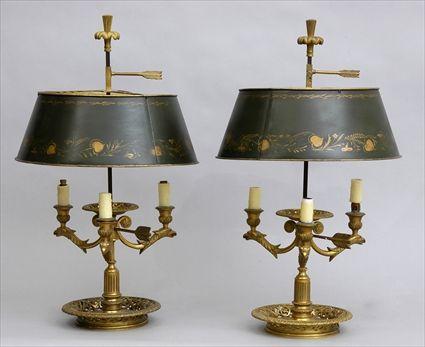 Appraisal: PAIR OF EMPIRE-STYLE GILT-BRONZE BOUILLOTTE LAMPS Each pierced dished base