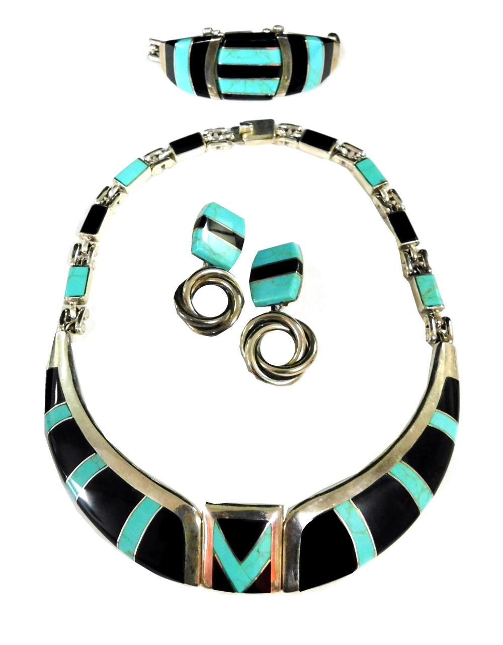 Appraisal: JEWELRY THREE PIECE SILVER SET WITH BLACK ONYX AND TURQUOISE