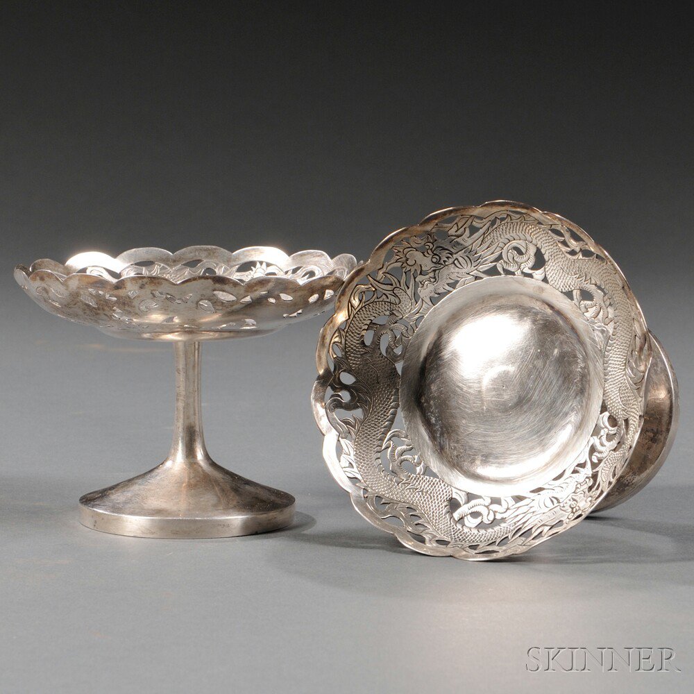 Appraisal: Pair of Silver Tazzas China the narrow stems supporting shallow