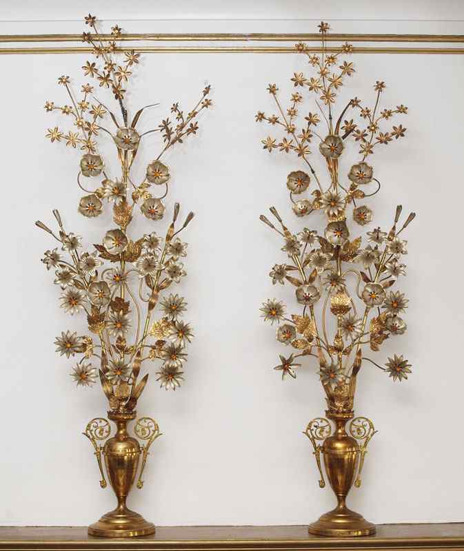 Appraisal: PAIR GILT METAL ''FLOWER'' FILLED EWER SCULPTURES '' h x