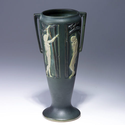 Appraisal: ROSEVILLE Green Panel flaring two-handled vase RV ink mark