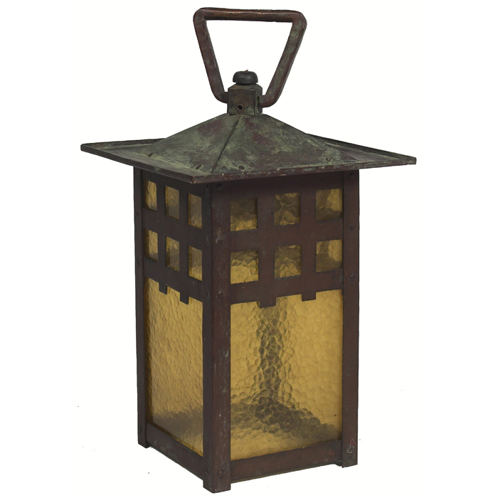 Appraisal: Gustav Stickley lantern hammered copper with amber glass inserts and