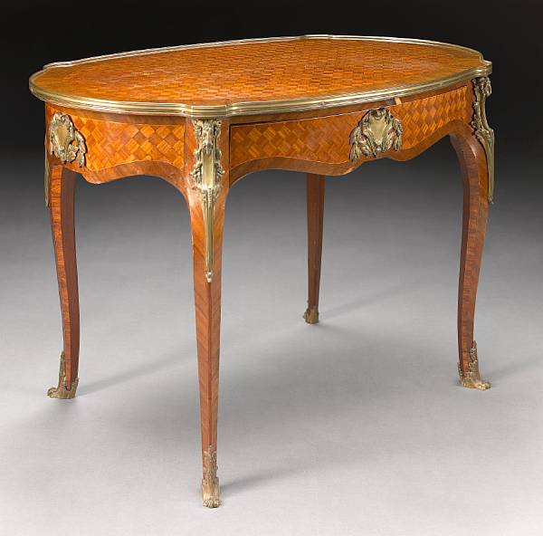 Appraisal: A Louis XV style gilt bronze mounted parquetry inlaid walnut