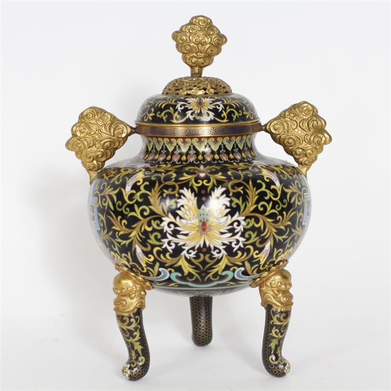 Appraisal: Chinese black ground floral cloisonne footed incense burner tripod censer