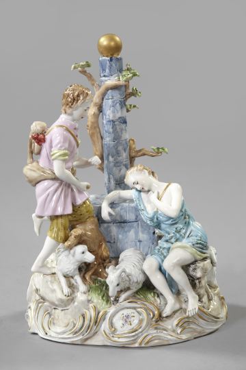 Appraisal: Elaborate Meissen Polychromed and Parcel-Gilt Porcelain Group of Love Awakes