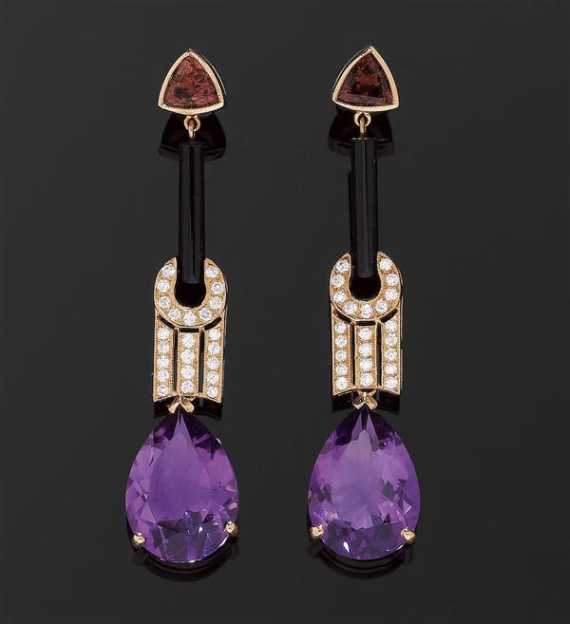 Appraisal: AMETHYST TOURMALINE ONYX AND BRILLANT-CUT DIAMOND PENDANT EARRINGS Ros gold