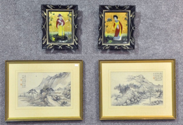 Appraisal: Two Pair of Framed Asian ArtIncluding pair of standing portraits