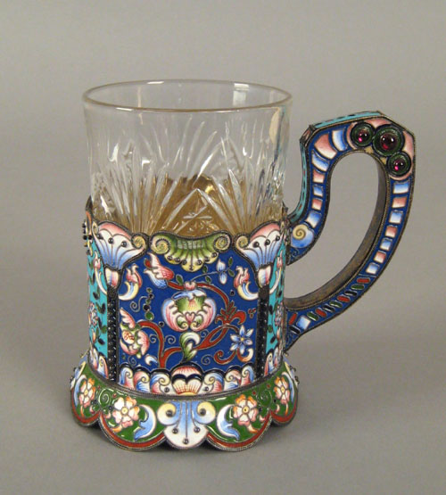 Appraisal: Russian silver and enamel tea glass holder ca bearing maker's