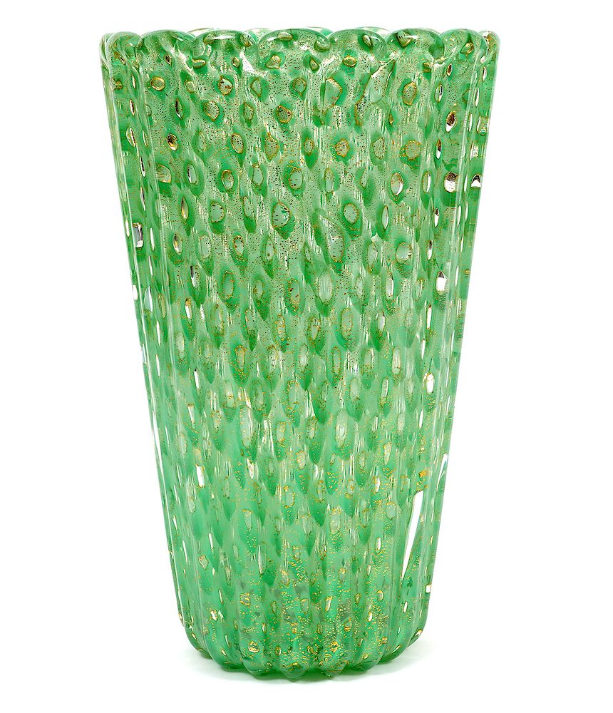 Appraisal: Barovier Toso Murano Green Glass Vase Barovier Toso Murano oval