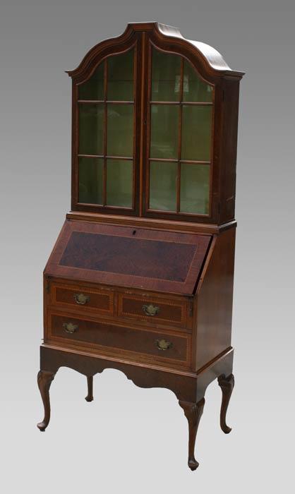 Appraisal: PETITE BURLWOOD PARQUETRY INLAID SECRETARY Two part bookcase secretary with