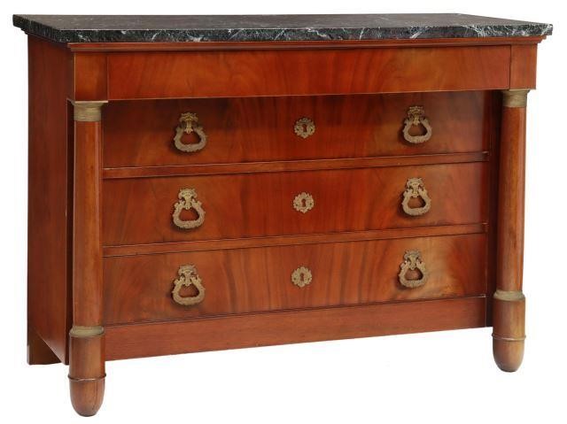 Appraisal: French Empire style mahogany commode th c marble top over