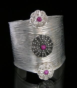 Appraisal: Sterling Silver Cuff Bracelet with Diamonds and Rubies A tapered