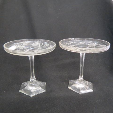 Appraisal: Pair of Intaglio Cut Glass Tazza elegant floral hexagon base