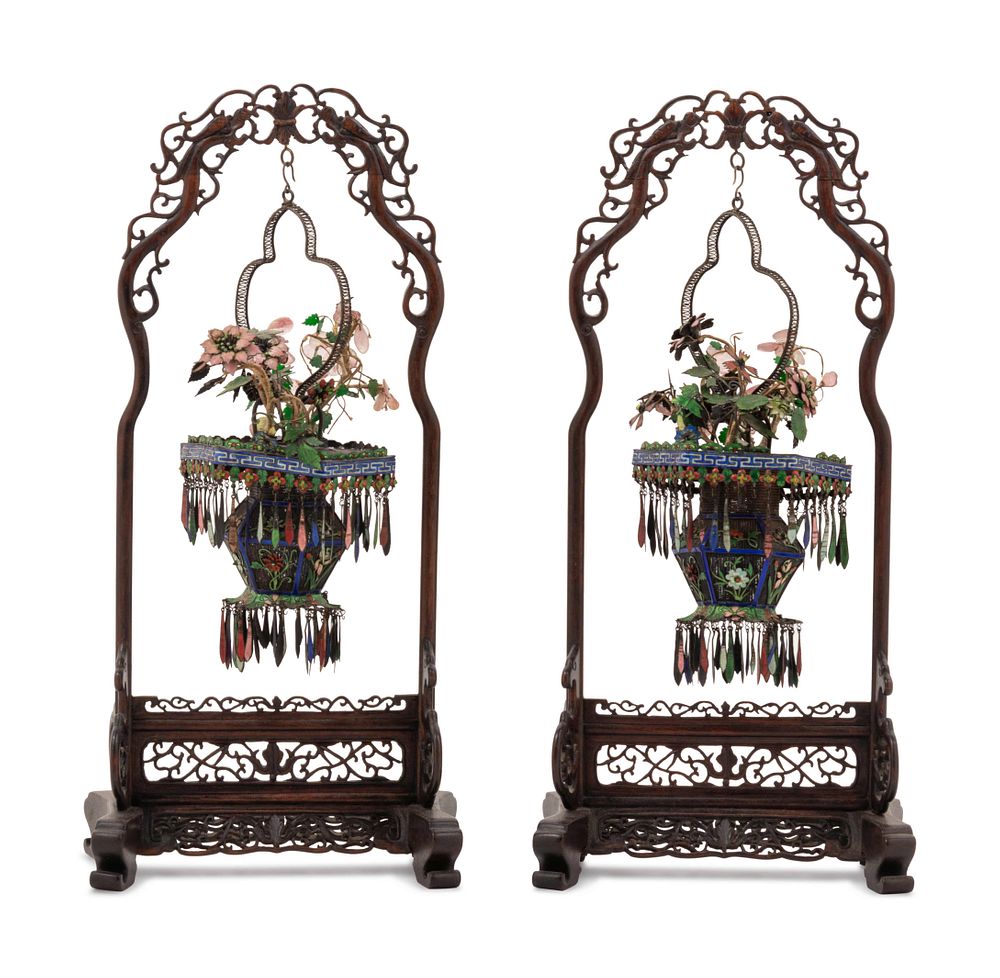 Appraisal: A Pair of Chinese Enameled Filigree Basket Ornaments Suspended from