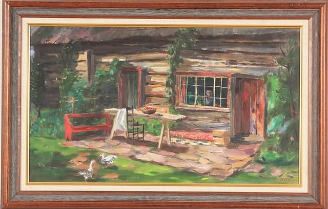 Appraisal: Bosa Homestead scene with man peeking out window oil on