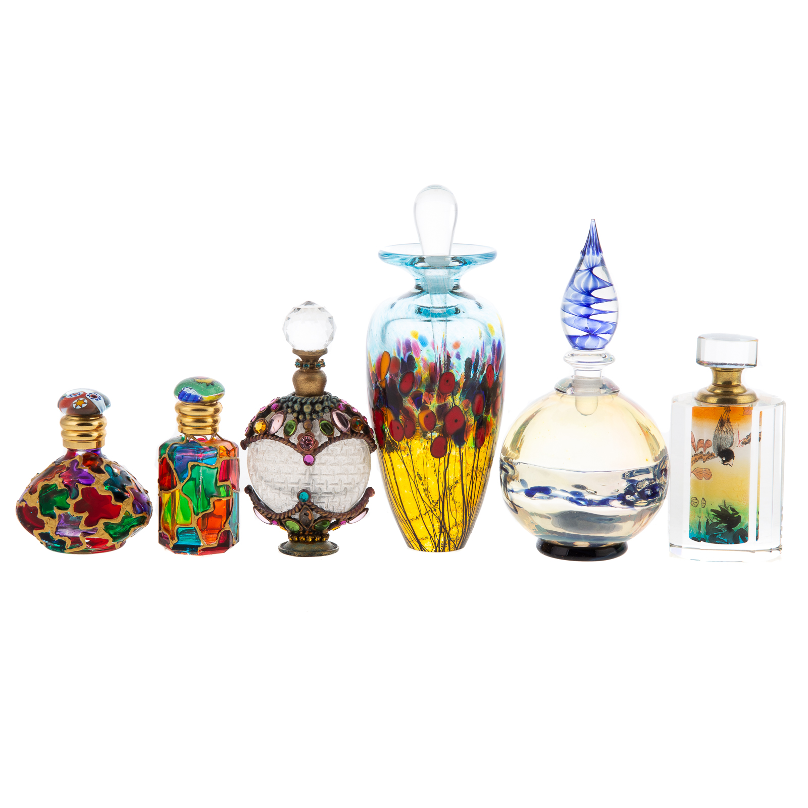 Appraisal: SIX ART GLASS PERFUME BOTTLES th century all with elaborate