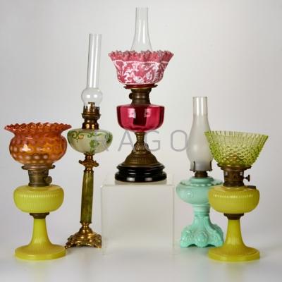 Appraisal: OIL LAMP GROUP Five table lamps each with glass font