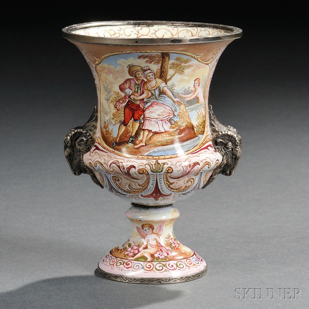 Appraisal: Austrian Enamel and Silver Miniature Urn Vienna - with two