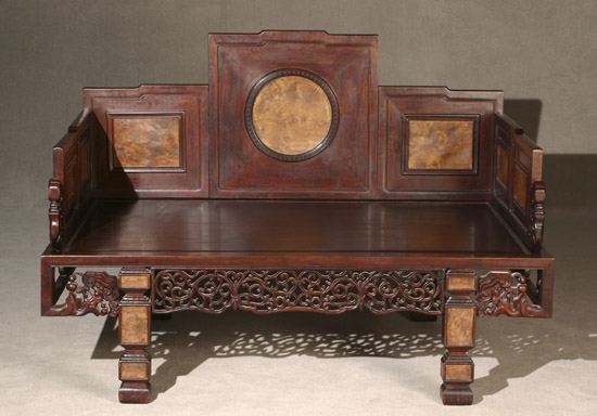 Appraisal: Chinese Burlwood Inset Hongmu Low-Back Bed Cuanbian Zhouangban Weizi Luohanchuang