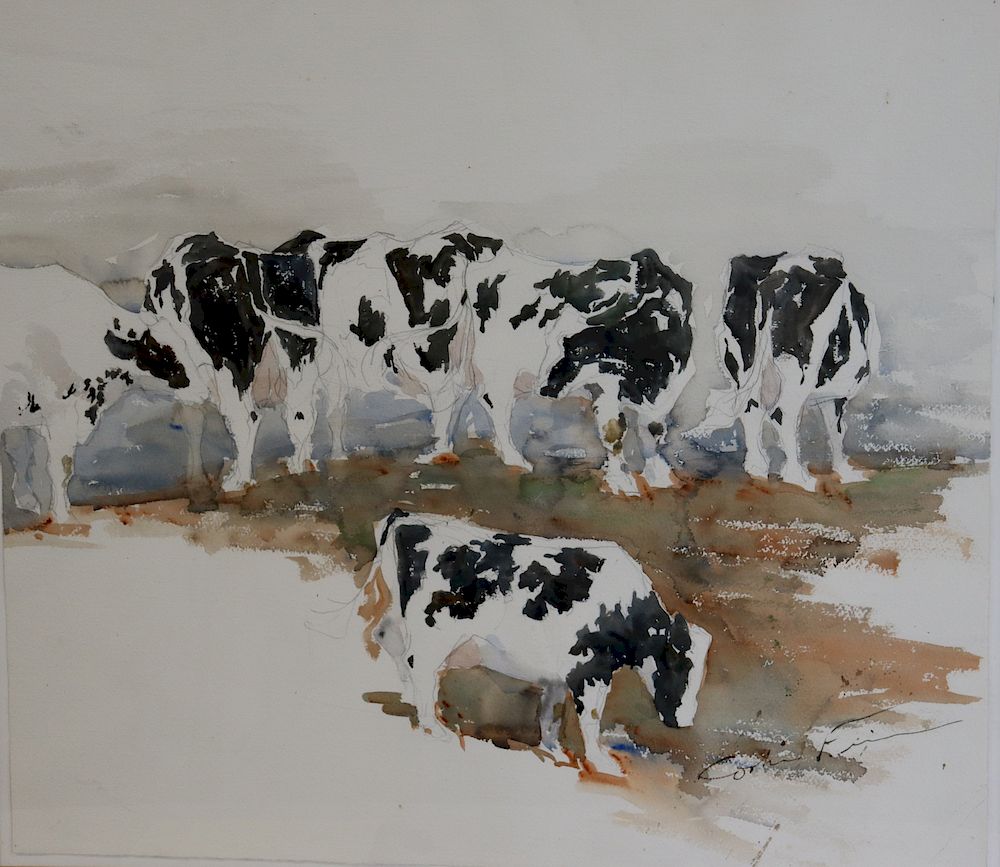 Appraisal: ILLEGIBLY Signed Watercolor Holsteins On Hilltop From the Skitch Henderson