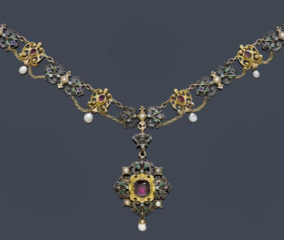 Appraisal: A GARNET PEARL TURQUOISE AND ENAMEL th C NECKLACE circa