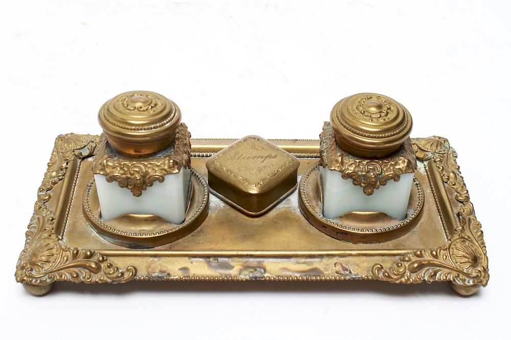 Appraisal: Brass Milk Glass Inkwell Stamp Box Late th C Late