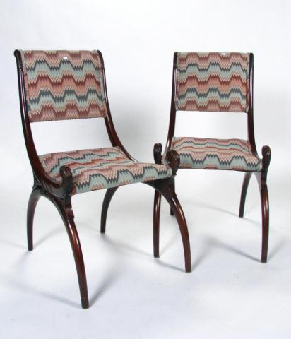 Appraisal: Pair of unique decorator side chairs mahogany with flame-stitch upholstery