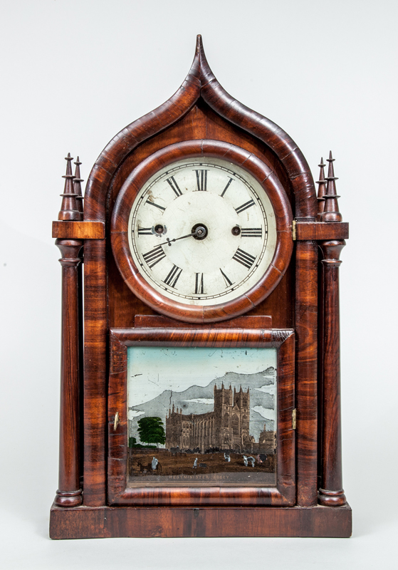 Appraisal: AMERICAN GOTHIC REVIVAL MAHOGANY STEEPLE SHELF CLOCK Remnants of paper