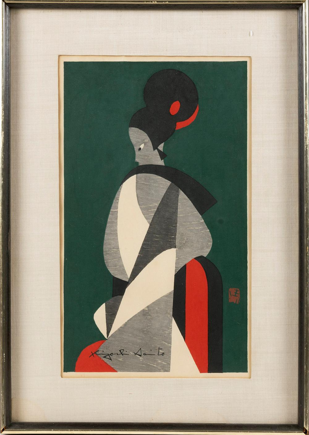 Appraisal: KIYOSHI SAITO JAPAN - MAIKO FACING LEFT WOODBLOCK PRINT OBAN