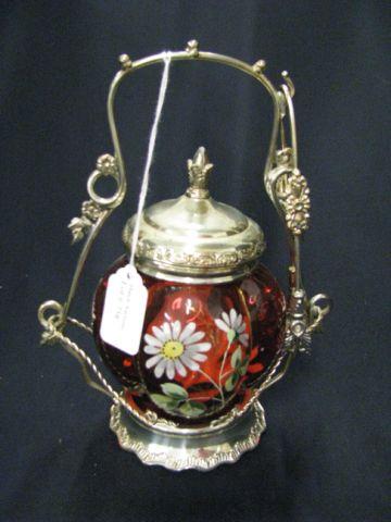 Appraisal: Victorian Cranberry Art Glass Pickle Castor enameled floral silverplate holder