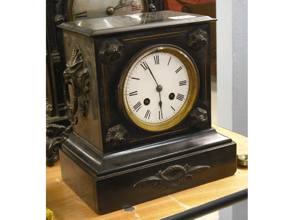 Appraisal: Black slate two train mantel clock the Japy Freres movement