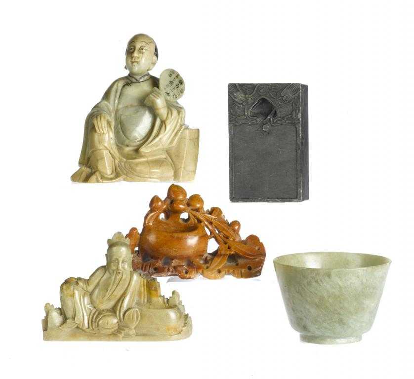 Appraisal: TWO CHINESE SOAPSTONE BRUSH WASHERS A FIGURE AN INKSTONE AND