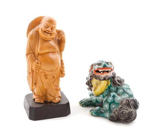 Appraisal: Sale Lot A Carved Wood Figure of Budai together with