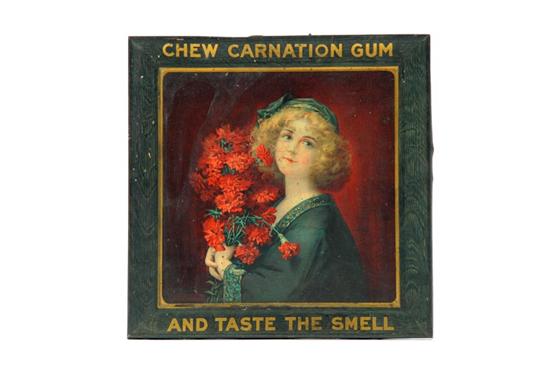 Appraisal: TIN ADVERTISING SIGN For ''Carnation Gum'' depicting a woman holding