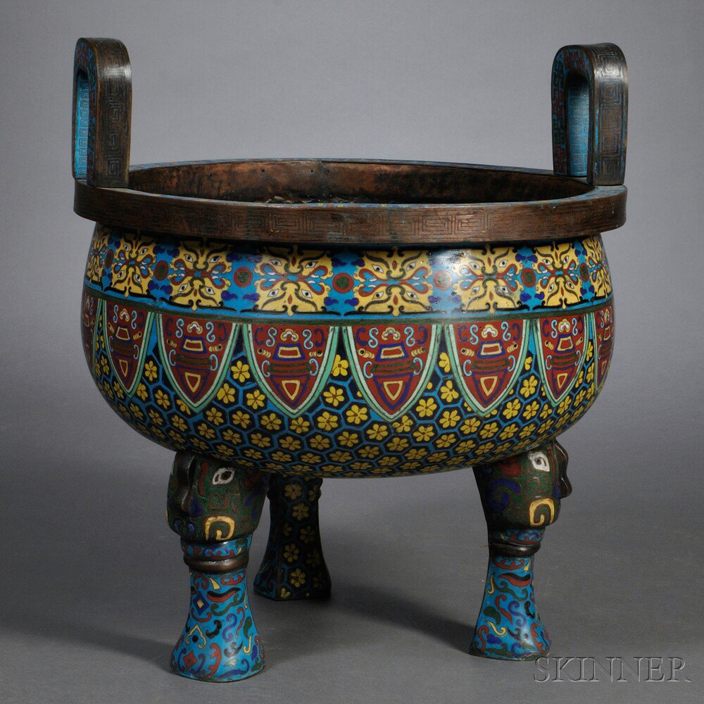 Appraisal: Cloisonne Tripod Ding-style Vessel China th century well-rounded body with