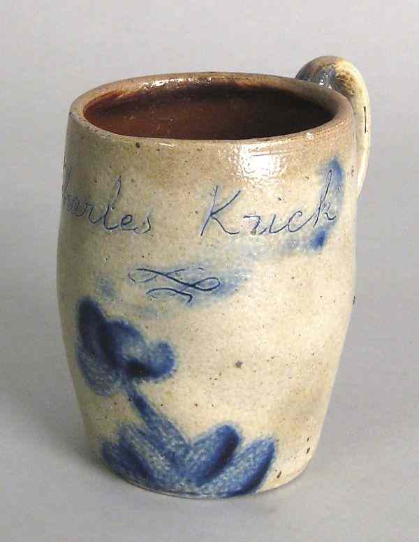 Appraisal: Shenfelder stoneware presentation mug th c inscribed Charles Krick with