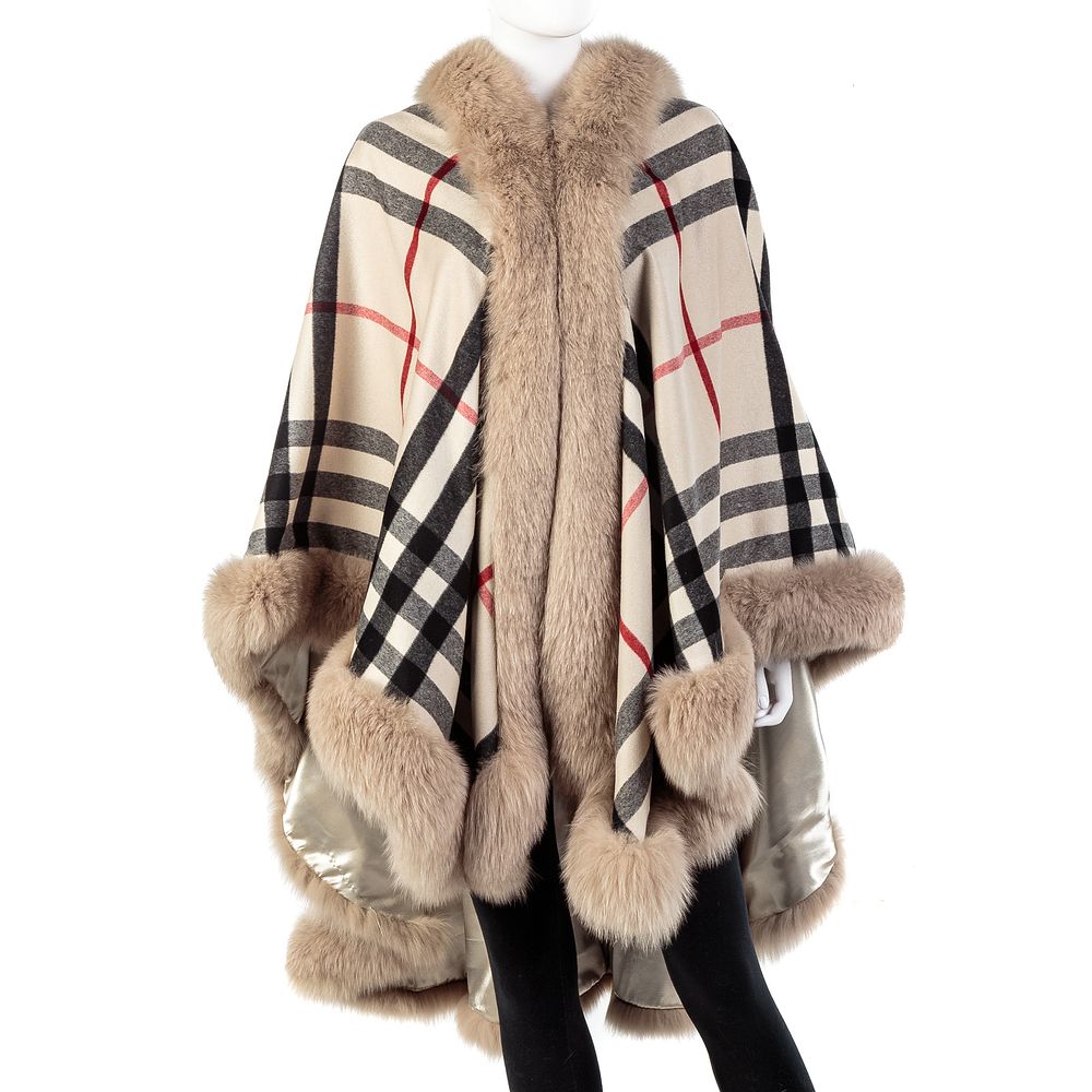 Appraisal: Burberry Plaid Cashmere Fox-Trimmed Cape By Furs By Demetrios Condition