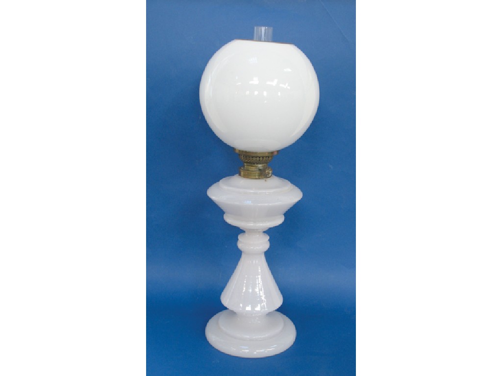 Appraisal: A VICTORIAN VASELINE GLASS OIL LAMP with a globular shade