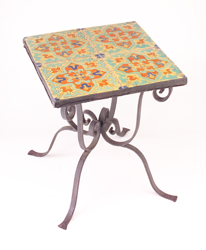 Appraisal: CALIFORNIA Tile-top table with four tiles painted in bright colors