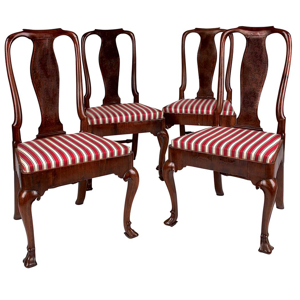 Appraisal: Set of Four George I Mahogany and Burl Side Chairs