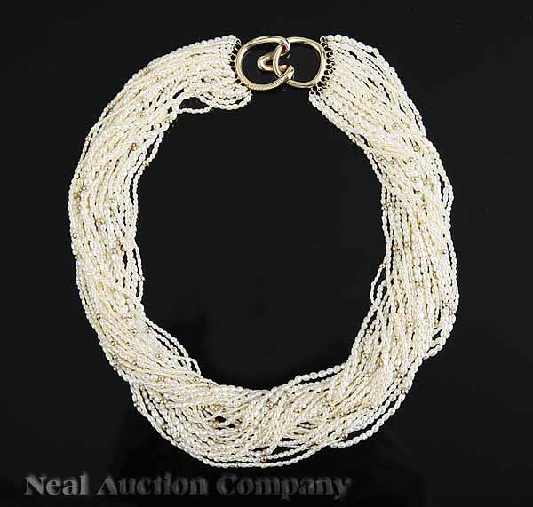 Appraisal: A Tiffany Co Thirty-Strand Seed Pearl and Gold Bead Torsade