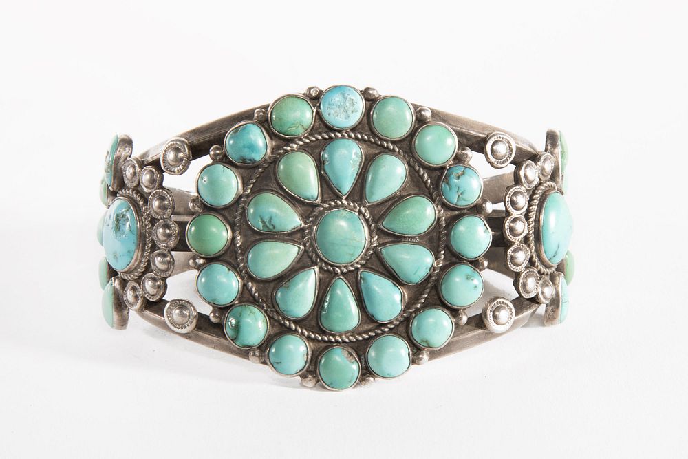 Appraisal: Navajo E Yazzie A Silver and Turquoise Cluster Bracelet Navajo