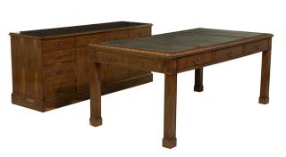 Appraisal: AN ENGLISH YEW WOOD WRITING TABLE AND CREDENZA AN ENGLISH